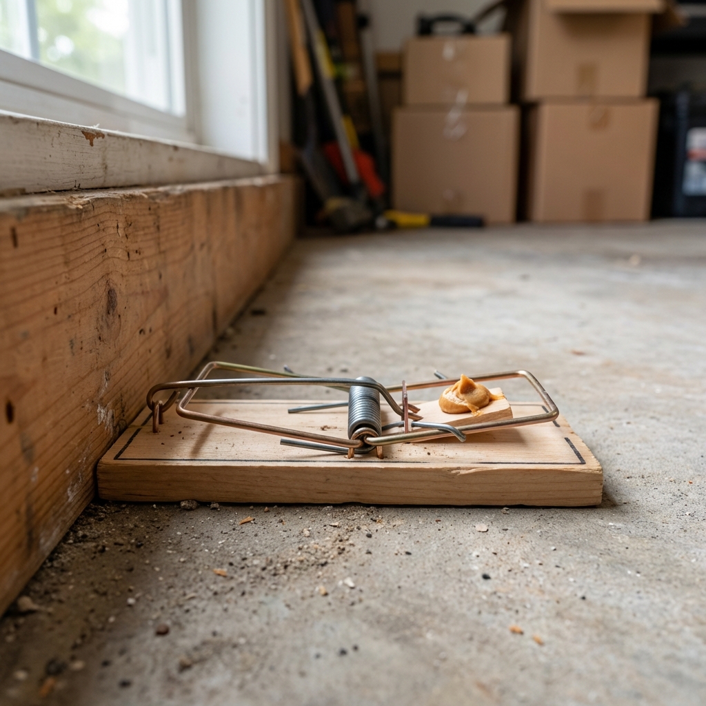 A close-up photo of a rat-sized snap trap set along a baseboard in a garage with a small dab of bait
