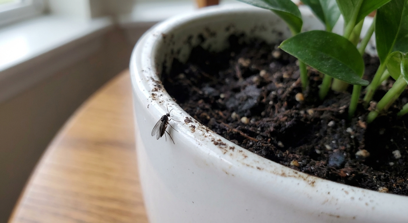 A close-up photo of a small black fungus gnat resting on the rim of a white indoor plant pot near damp potting soil