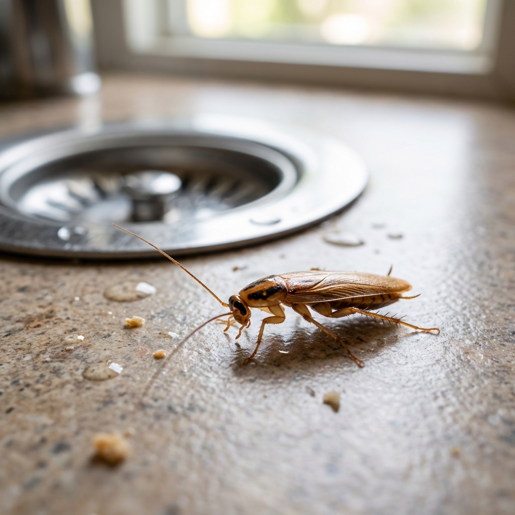 A close-up photo of a small light-brown roach on a countertop near a sink drain