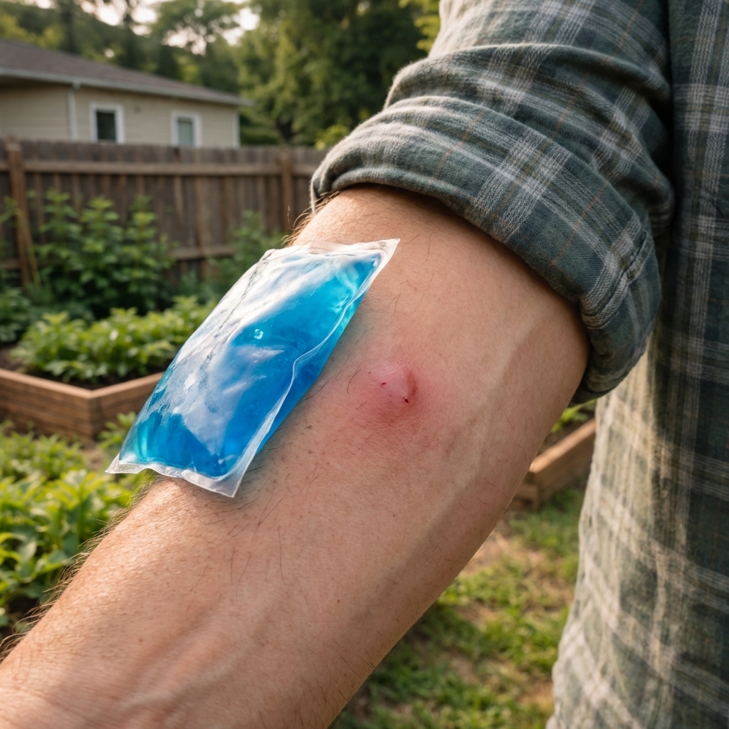 A close-up photo of a small red swollen bite on skin with a cold pack resting nearby