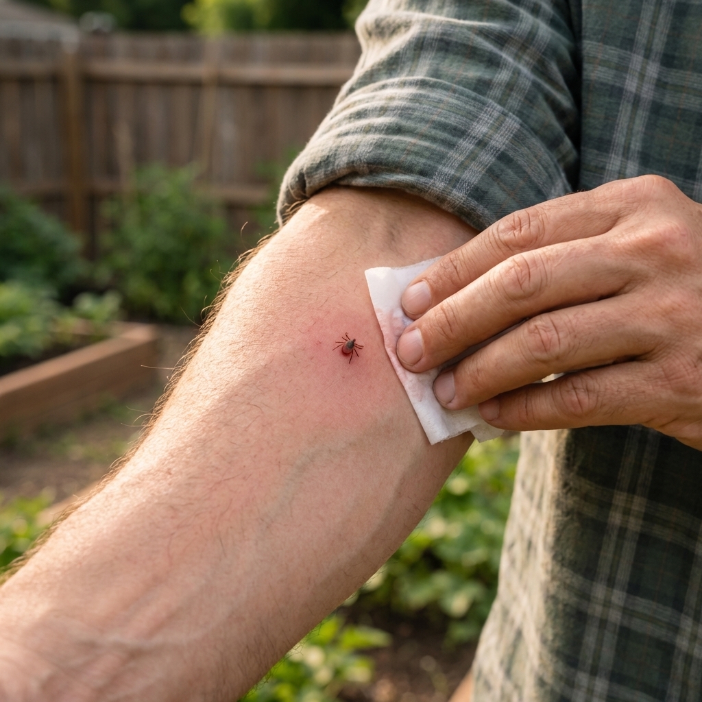 A close-up photo of a small red tick bite on skin being cleaned with an alcohol wipe