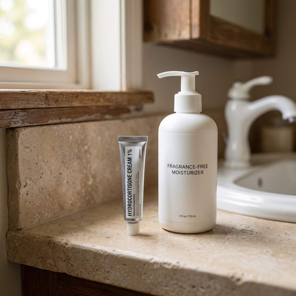 A close-up photo of a small tube of hydrocortisone cream next to a simple fragrance-free moisturizer on a bathroom counter