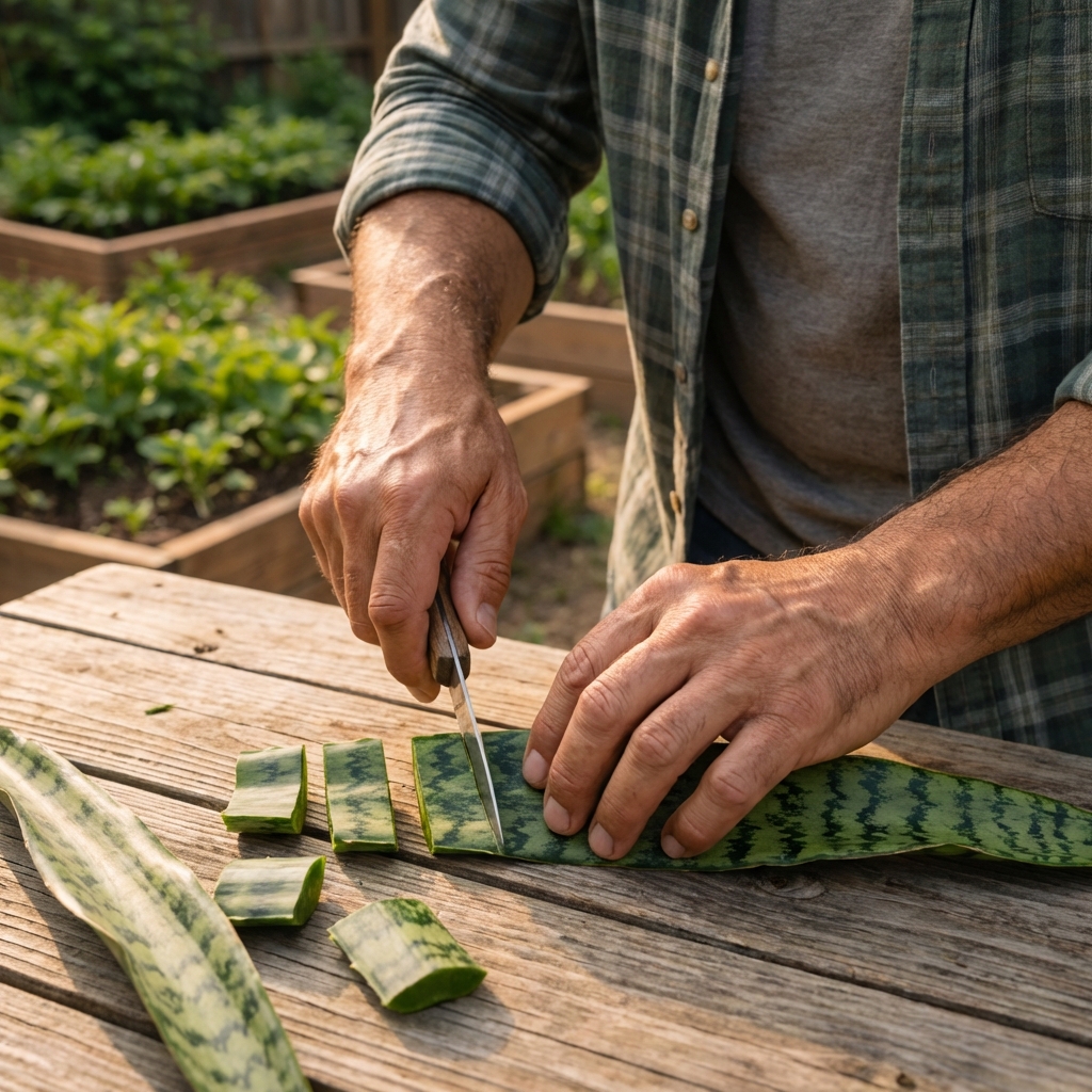 A close-up photo of a snake plant leaf being cut into short sections on a table