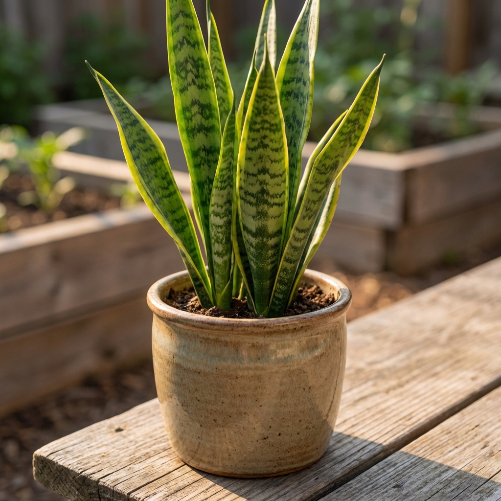 A close-up photo of a snake plant with upright green leaves in a simple ceramic pot