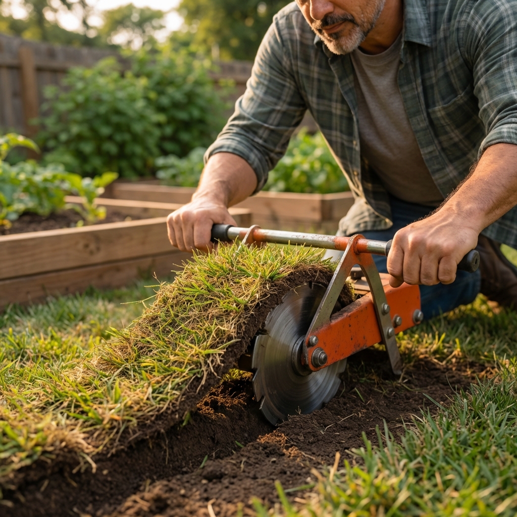 A close-up photo of a sod cutter removing a strip of old turf from a lawn