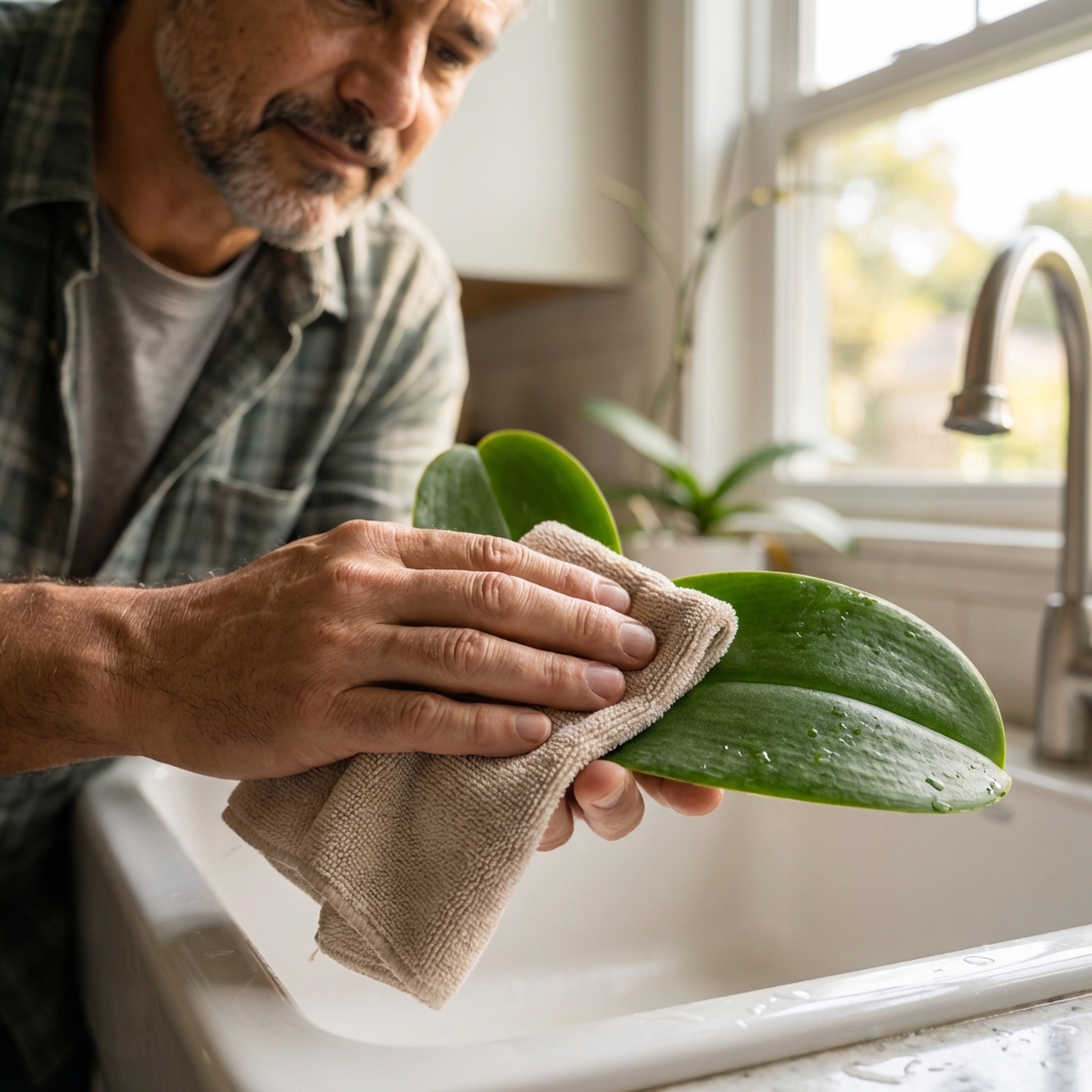 A close-up photo of an orchid leaf being gently wiped with a soft cloth at a kitchen sink