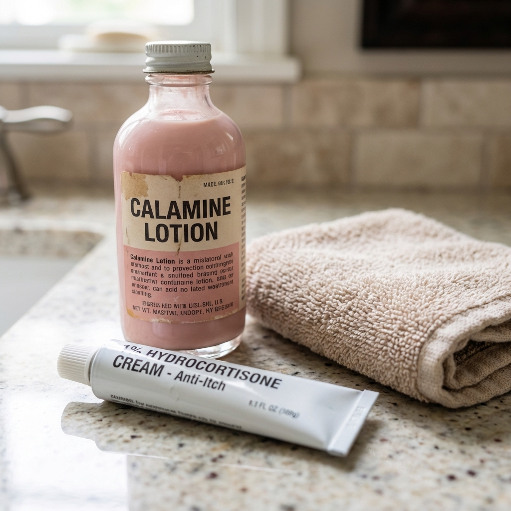 A close-up photo of calamine lotion and a tube of 1% hydrocortisone cream on a bathroom counter next to a folded washcloth