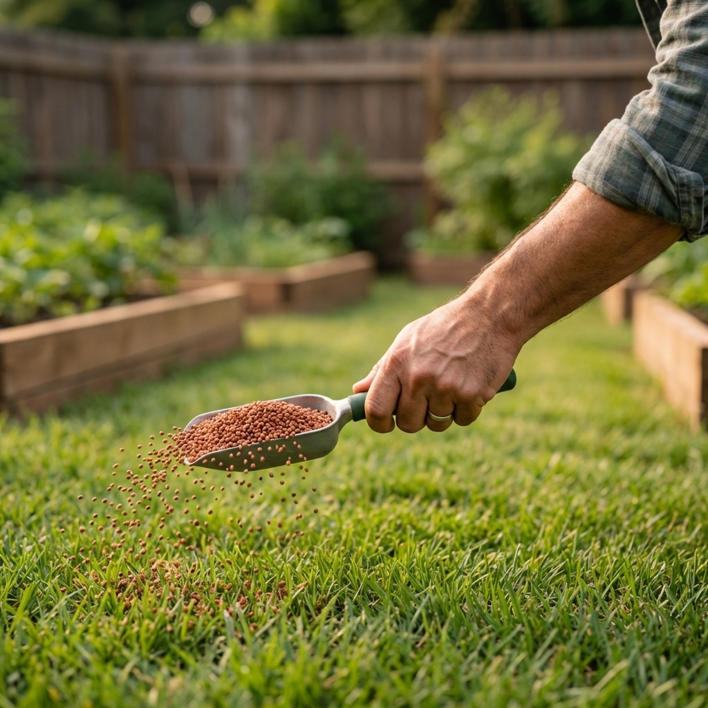 A close-up photo of fire ant bait granules being spread evenly on short grass