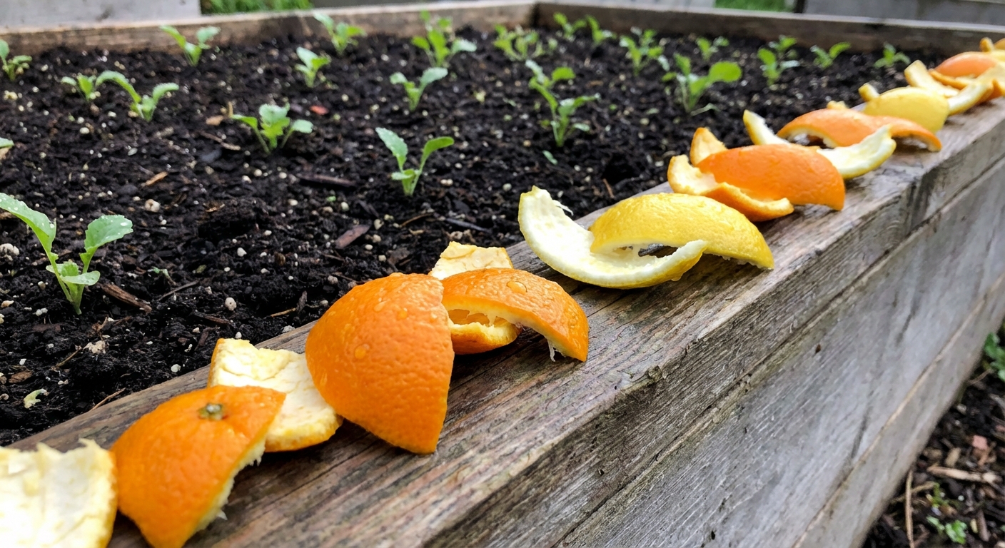 A close-up photo of fresh orange and lemon peels scattered along the edge of a raised garden bed with dark soil and small green seedlings, natural outdoor light