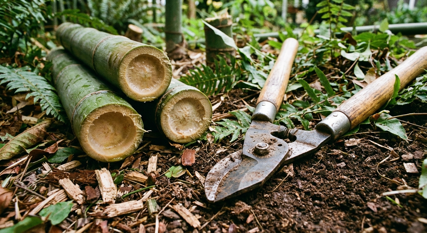 A close-up photo of freshly cut bamboo culms at ground level with a pair of loppers resting on soil, backyard garden setting in natural daylight
