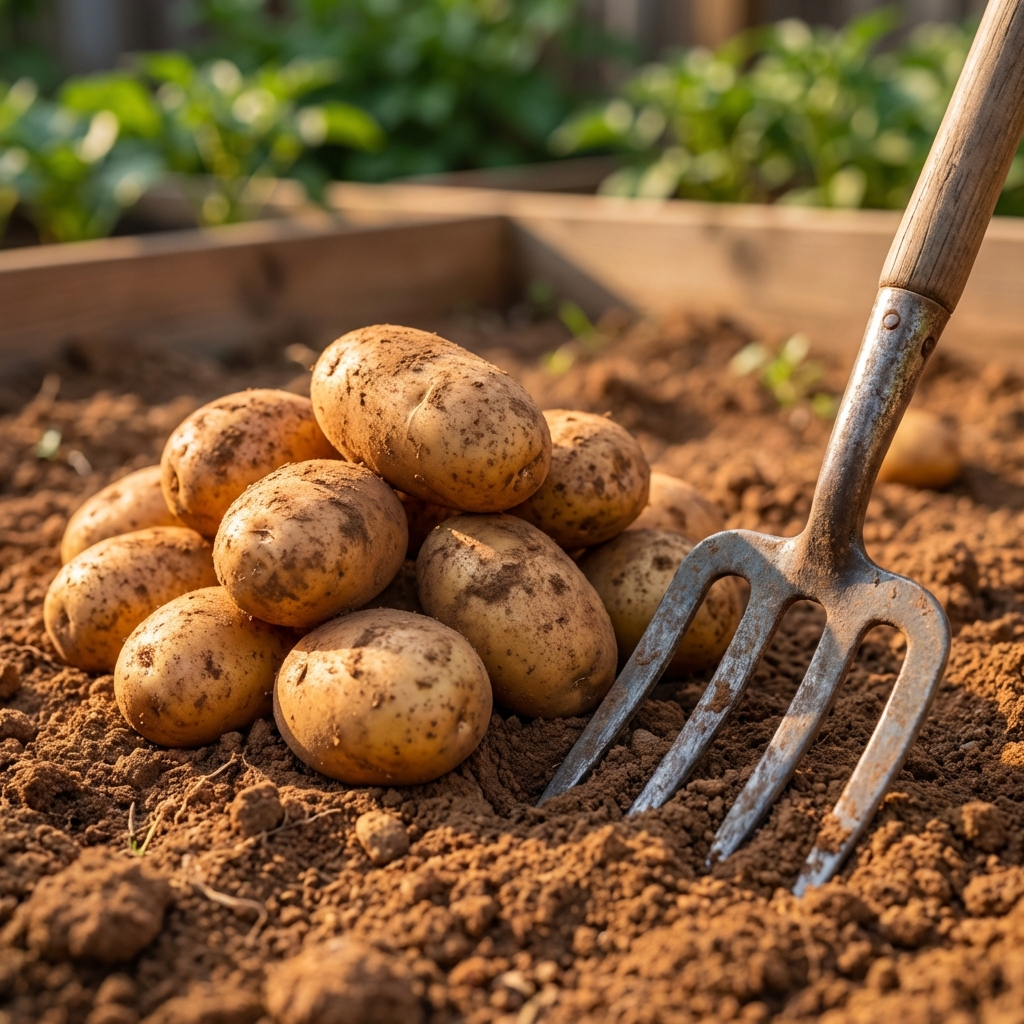 A close-up photo of freshly dug potatoes resting on dry soil next to a garden fork