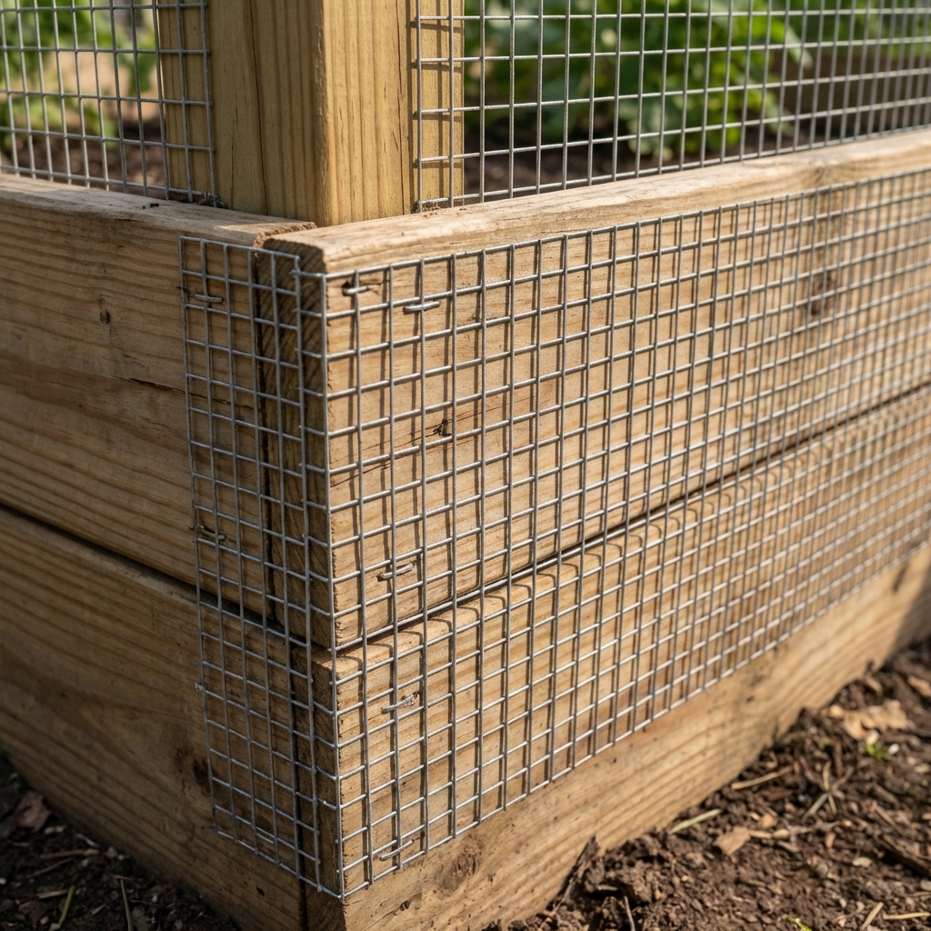 A close-up photo of galvanized hardware cloth attached tightly to a wooden raised bed frame