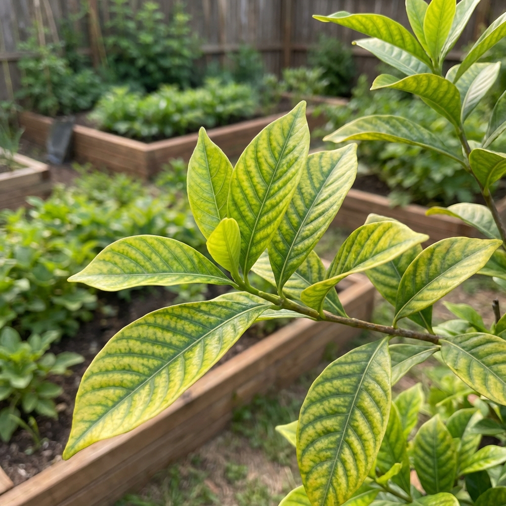 A close-up photo of gardenia leaves showing yellowing between green veins on new growth