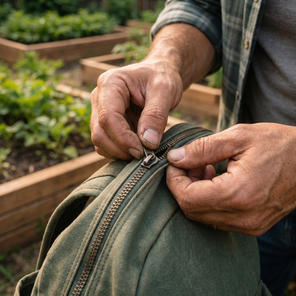 A close-up photo of hands inspecting the zipper seam of a gardening backpack in natural light