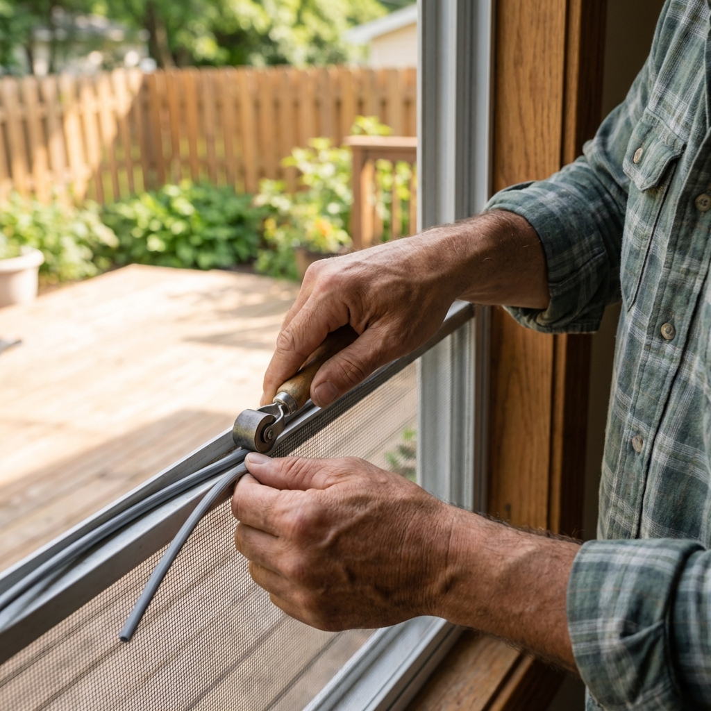 A close-up photo of hands installing a fine mesh window screen in a home window frame