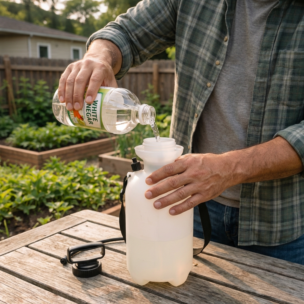 A close-up photo of hands pouring white vinegar into a garden pump sprayer on an outdoor table