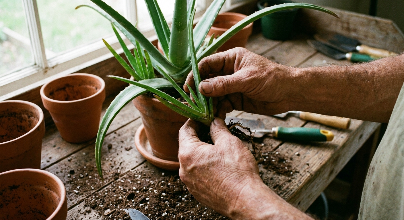 A close-up photo of hands separating a small aloe pup from the mother plant on a potting bench, natural daylight, photorealistic