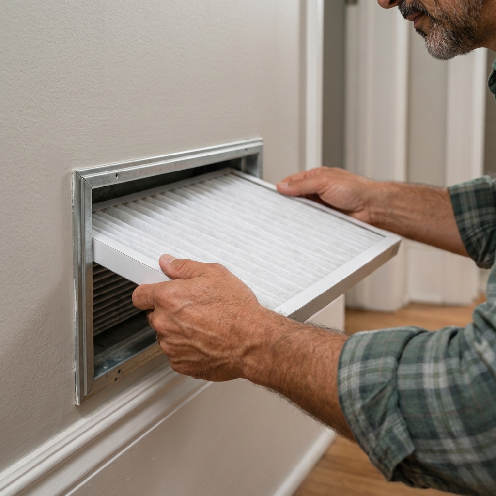 A close-up photo of hands sliding a new pleated air filter into a home HVAC return grille