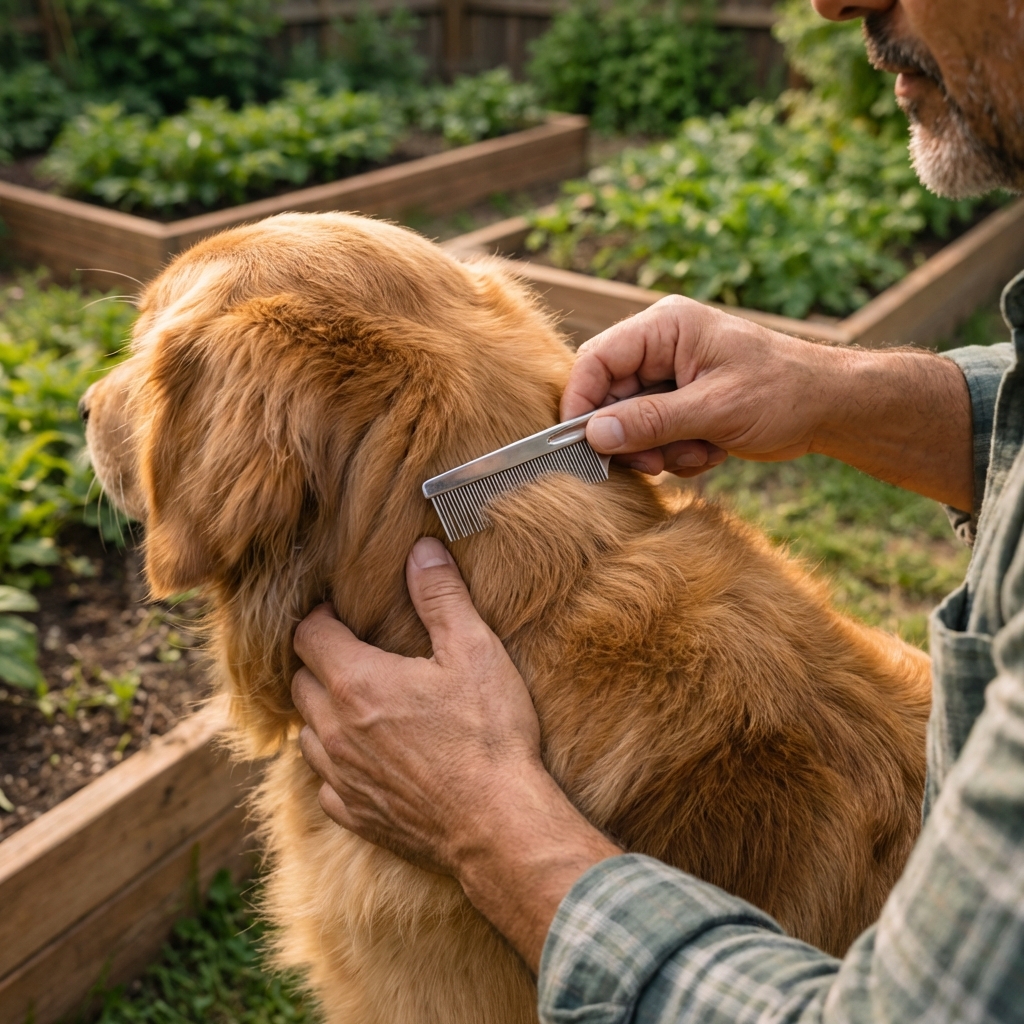 A close-up photo of hands using a flea comb on a dog’s fur near the neck