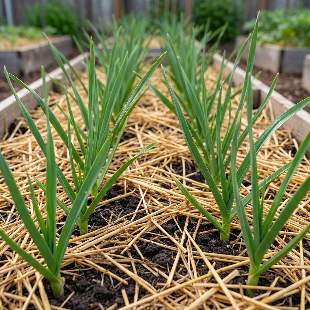 A close-up photo of healthy green garlic leaves growing in neat rows with straw mulch on the soil surface