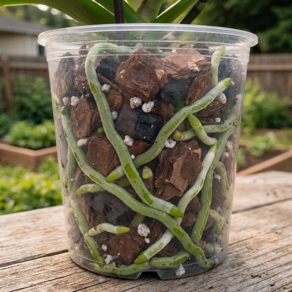 A close-up photo of healthy orchid roots and chunky bark mix in a clear plastic pot