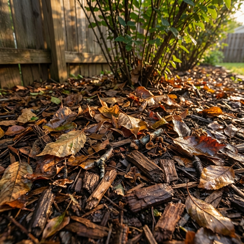 A close-up photo of leaf litter and damp mulch under shrubs along a fence line in a backyard