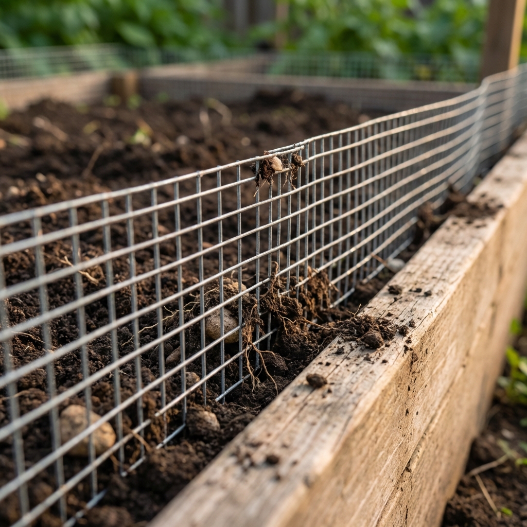 A close-up photo of metal hardware cloth fencing buried into soil along a garden border