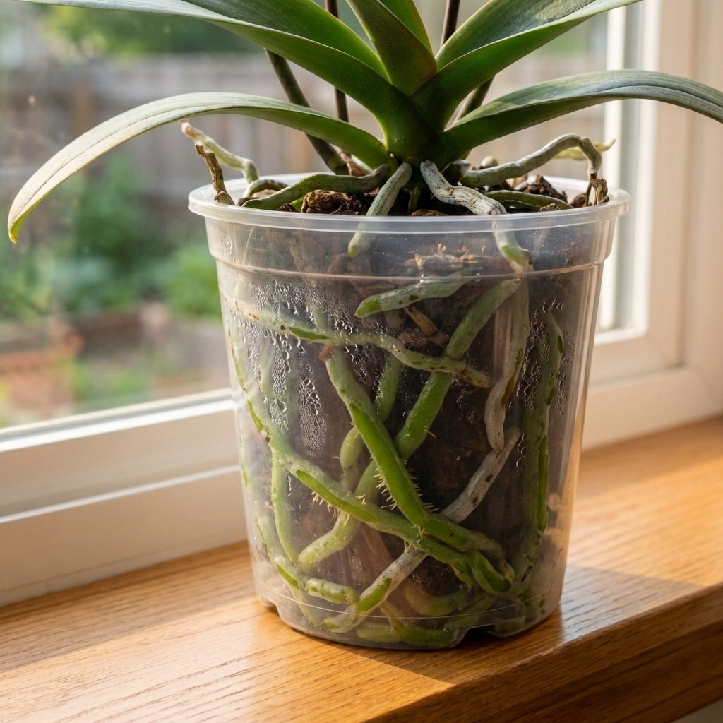 A close-up photo of orchid roots inside a clear plastic pot showing a mix of green moist roots and silvery dry roots