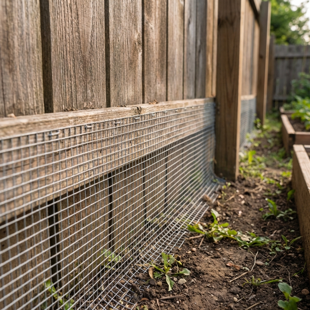 A close-up photograph of 1/4-inch hardware cloth installed along the base of a backyard fence