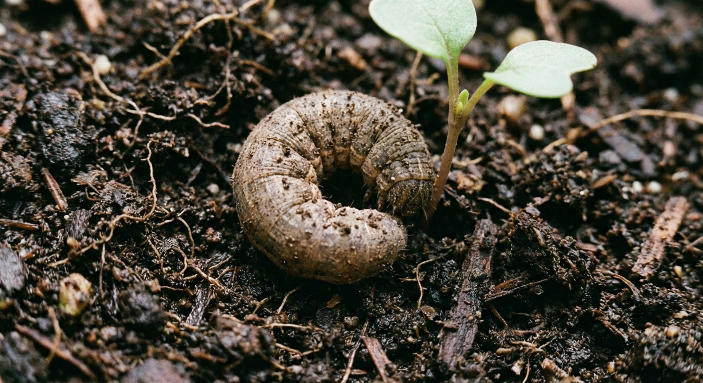 A close-up photograph of a brownish-gray cutworm curled into a C-shape in dark garden soil next to a small seedling stem