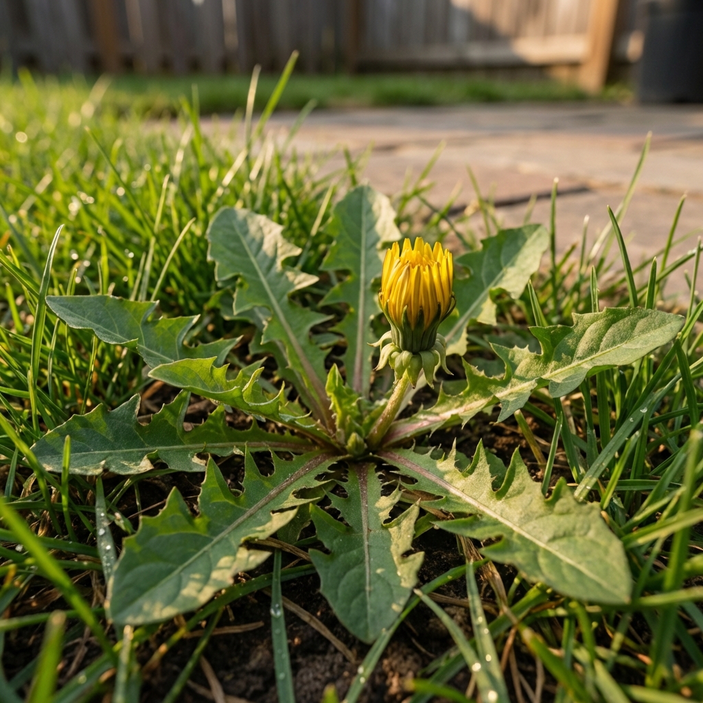A close-up photograph of a dandelion rosette growing in a lawn with a visible yellow flower bud