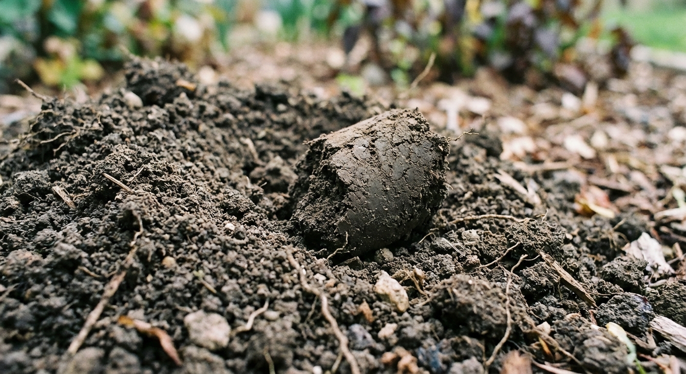 A close-up photograph of a fresh gopher soil mound in a garden bed edge with a visible off-center plug, crumbly dirt texture, shallow depth of field