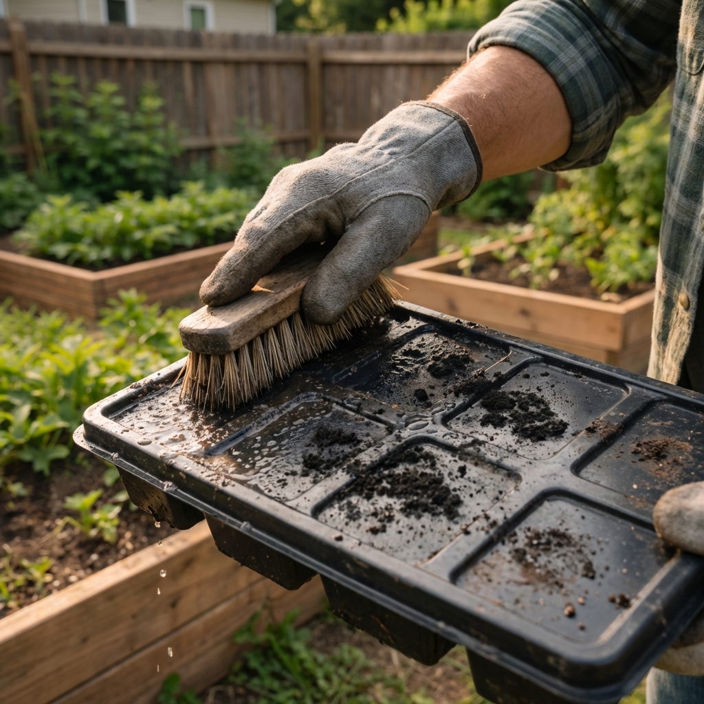 A close-up photograph of a gloved hand scrubbing black mold off a plastic seedling tray with a stiff brush outdoors