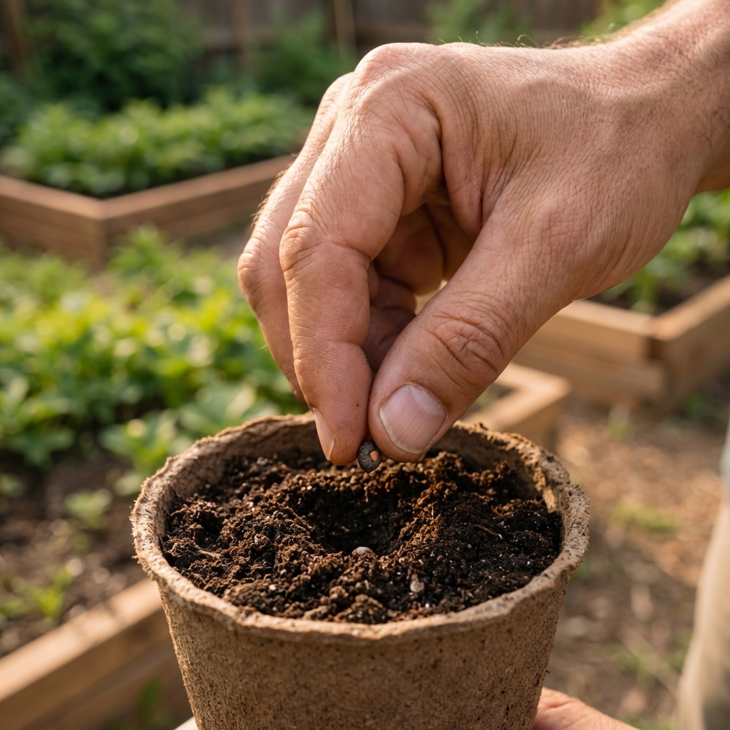 A close-up photograph of a hand placing a tomato seed into a small pot filled with moist seed-starting mix