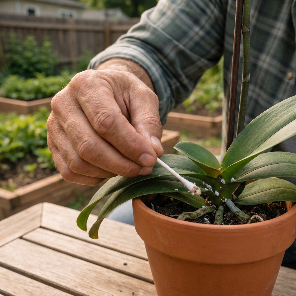 A close-up photograph of a hand using a cotton swab to remove mealybugs from an orchid leaf joint
