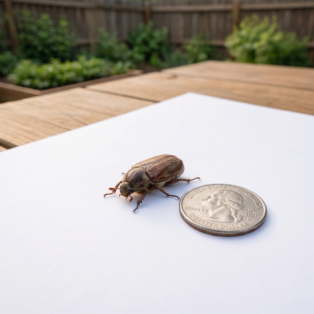 A close-up photograph of a small brown bug on a sheet of white paper next to a coin for size reference in natural light