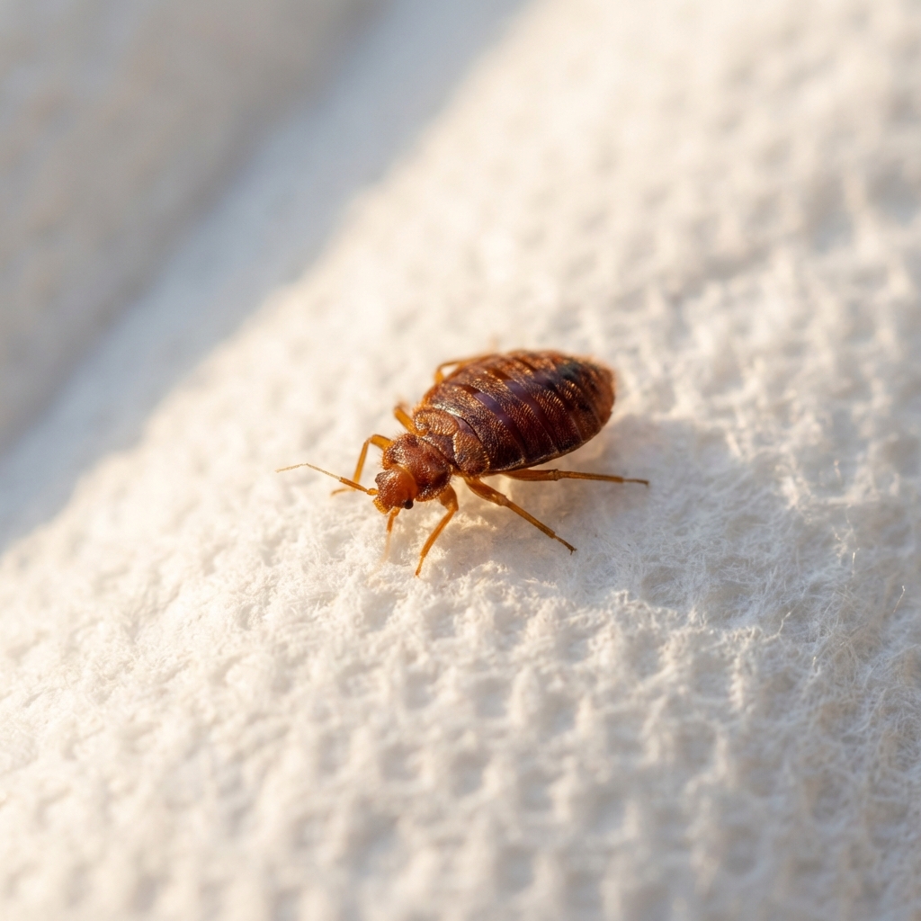 A close-up photograph of a small reddish brown bed bug on a white paper towel under bright light