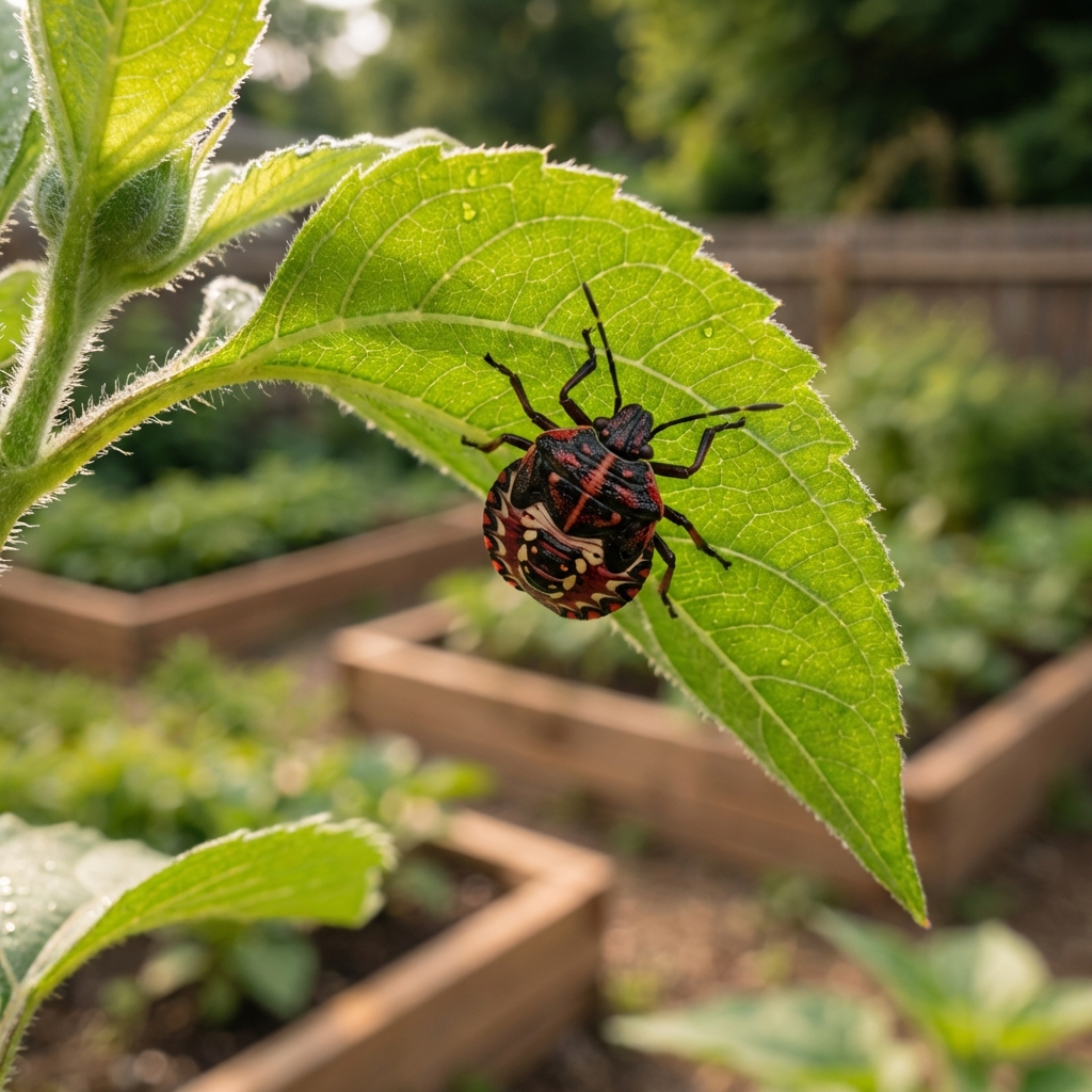 A close-up photograph of a stink bug nymph on the underside of a green leaf in a backyard garden