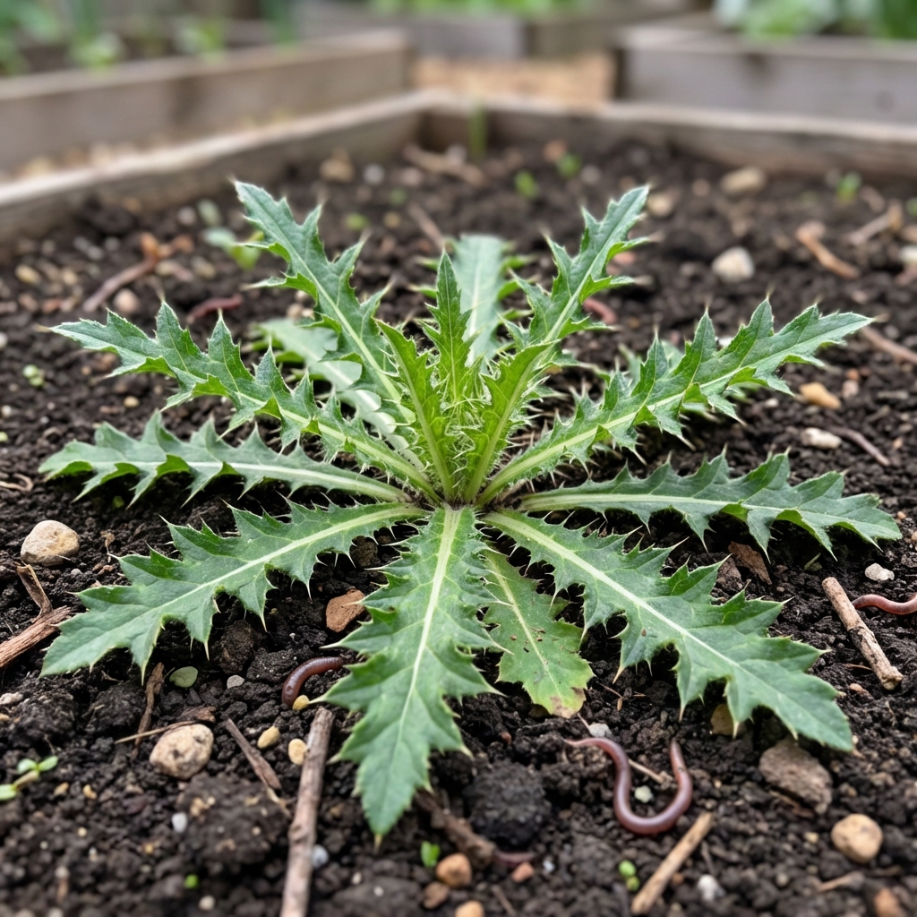 A close-up photograph of a thistle rosette with spiny leaves growing flat against the soil in early spring