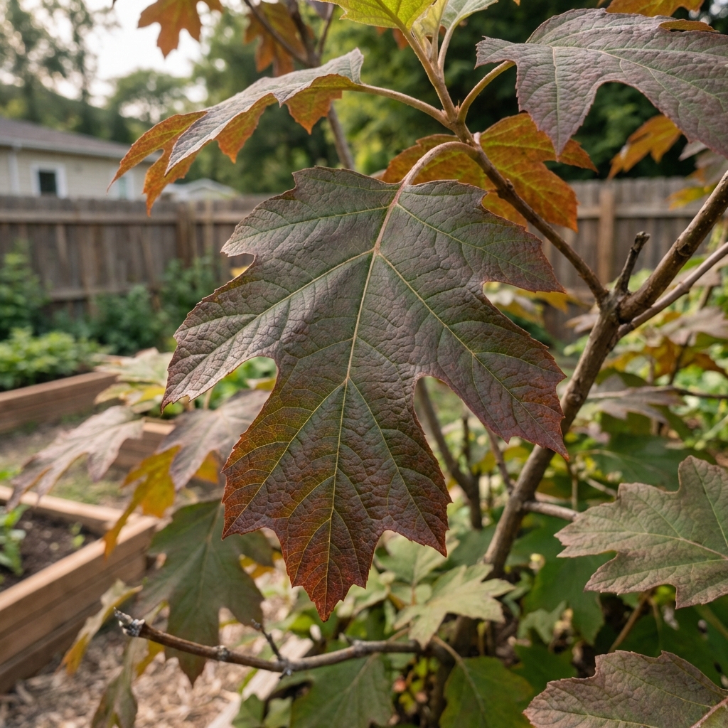 A close-up photograph of an oakleaf hydrangea leaf with deeply lobed shape on a shrub