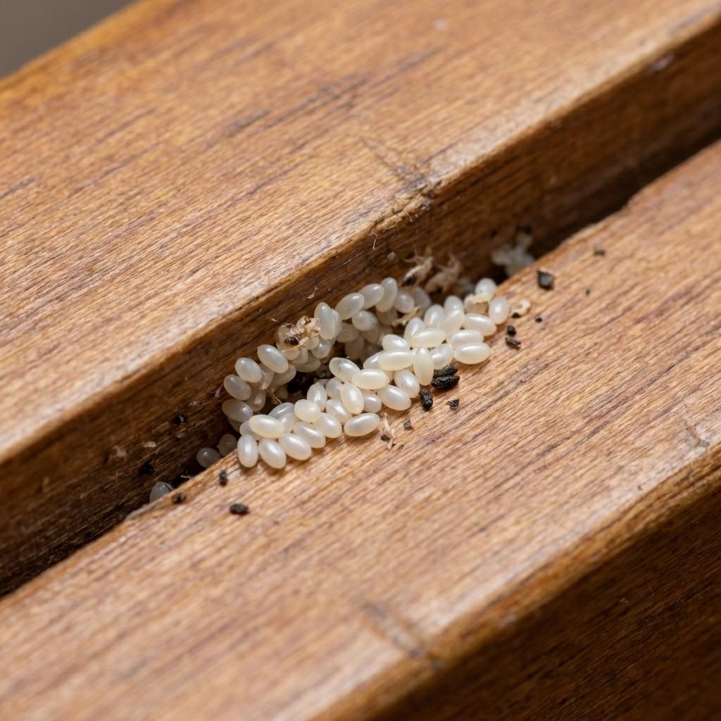 A close-up photograph of bed bug eggs clustered along a wooden headboard crack