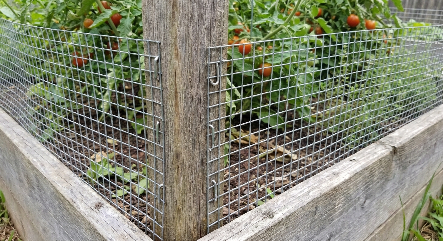 A close-up photograph of galvanized hardware cloth fencing attached to wooden garden bed posts