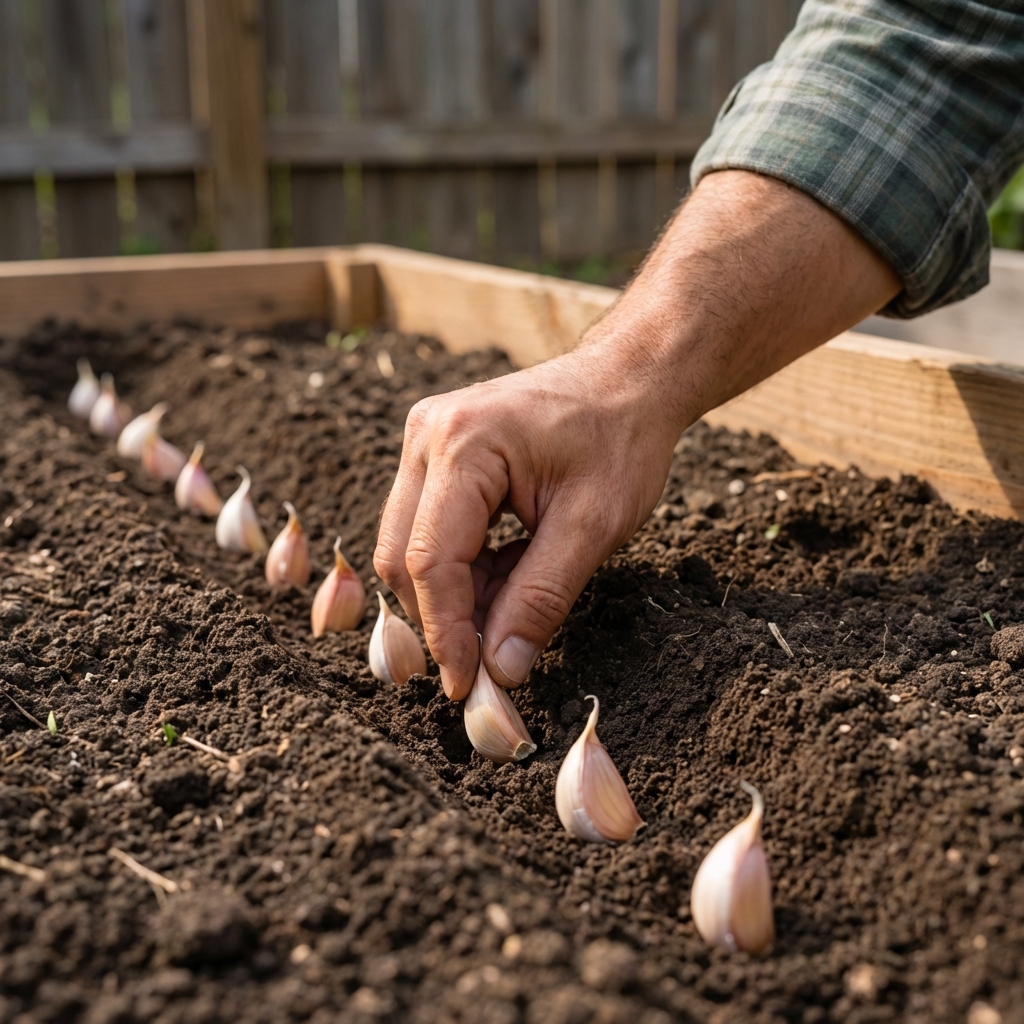 A close-up photograph of garlic cloves being placed pointy side up into a shallow furrow in loose garden soil