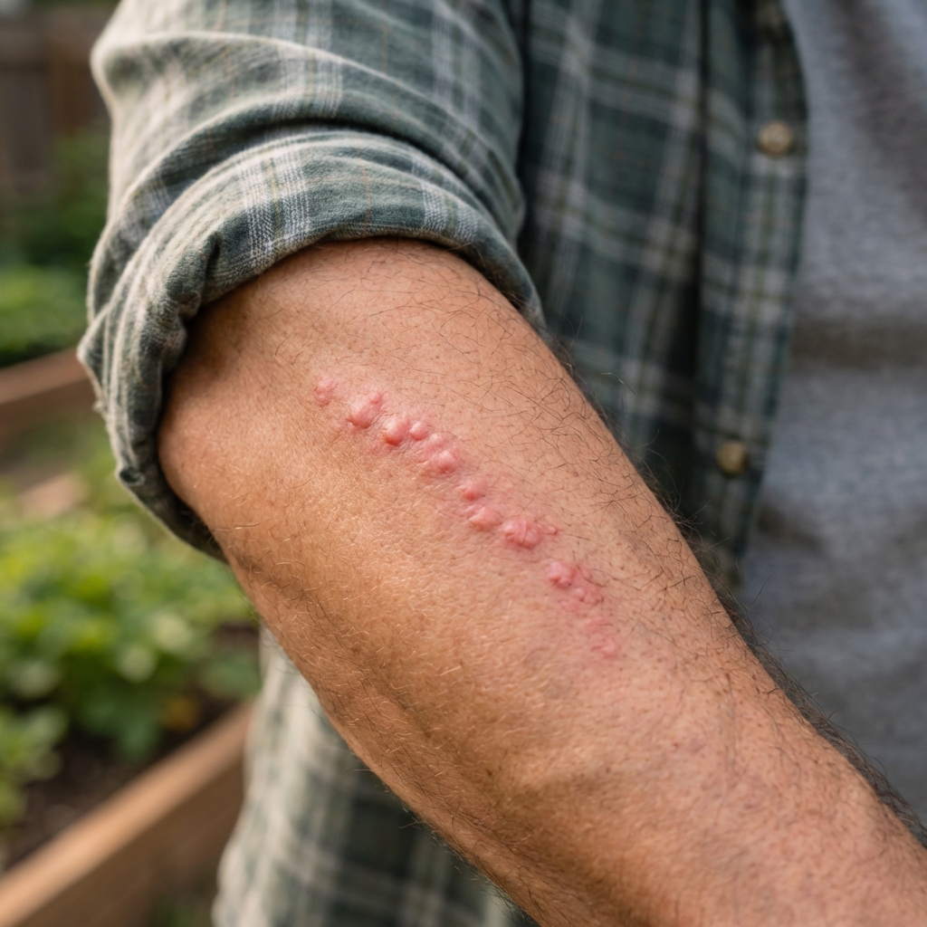 A close-up photograph of small red itchy welts on a person’s forearm in a short line pattern