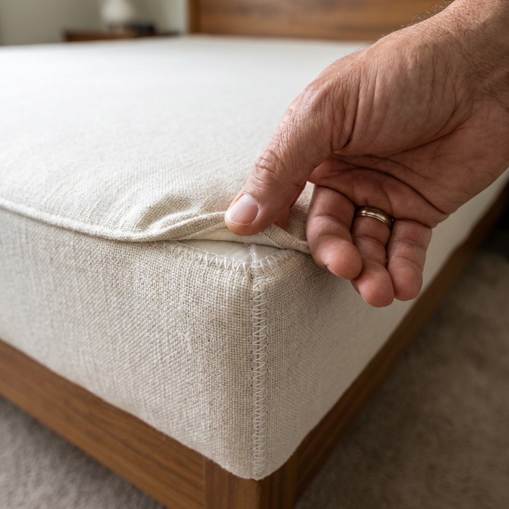 A close-up photograph of the corner of a box spring with the fabric edge slightly lifted to inspect the seam