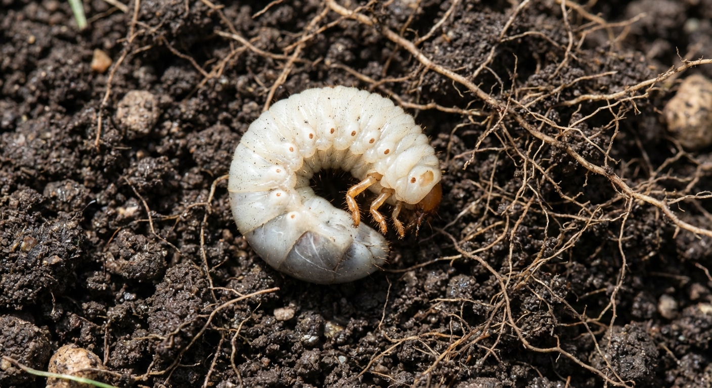 A close-up, photorealistic photo of a single white C-shaped Japanese beetle grub on dark garden soil next to small grass roots, sharp focus, natural lighting