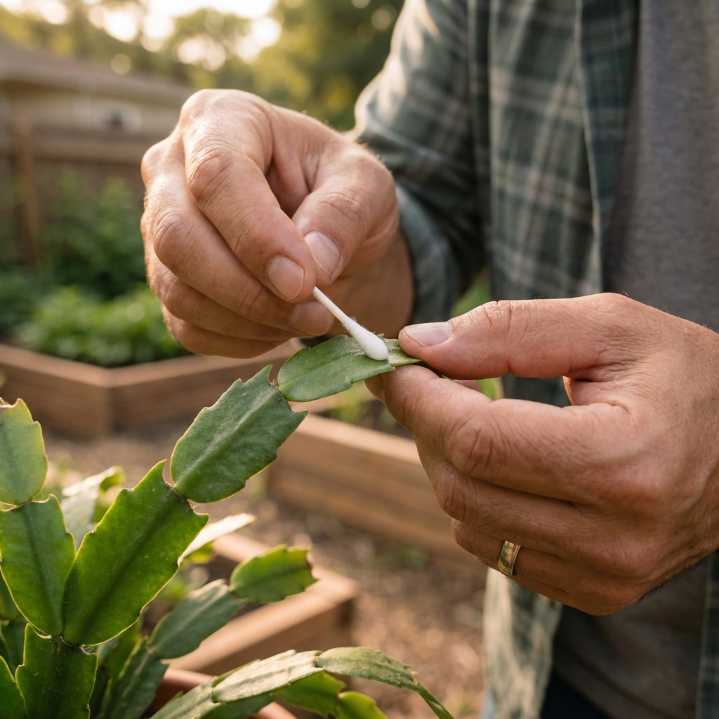 A close-up real photo of a Christmas cactus stem segment being wiped with a cotton swab