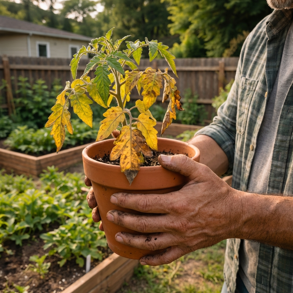A close-up real photo of a gardener holding a potted plant with several yellow leaves in natural daylight