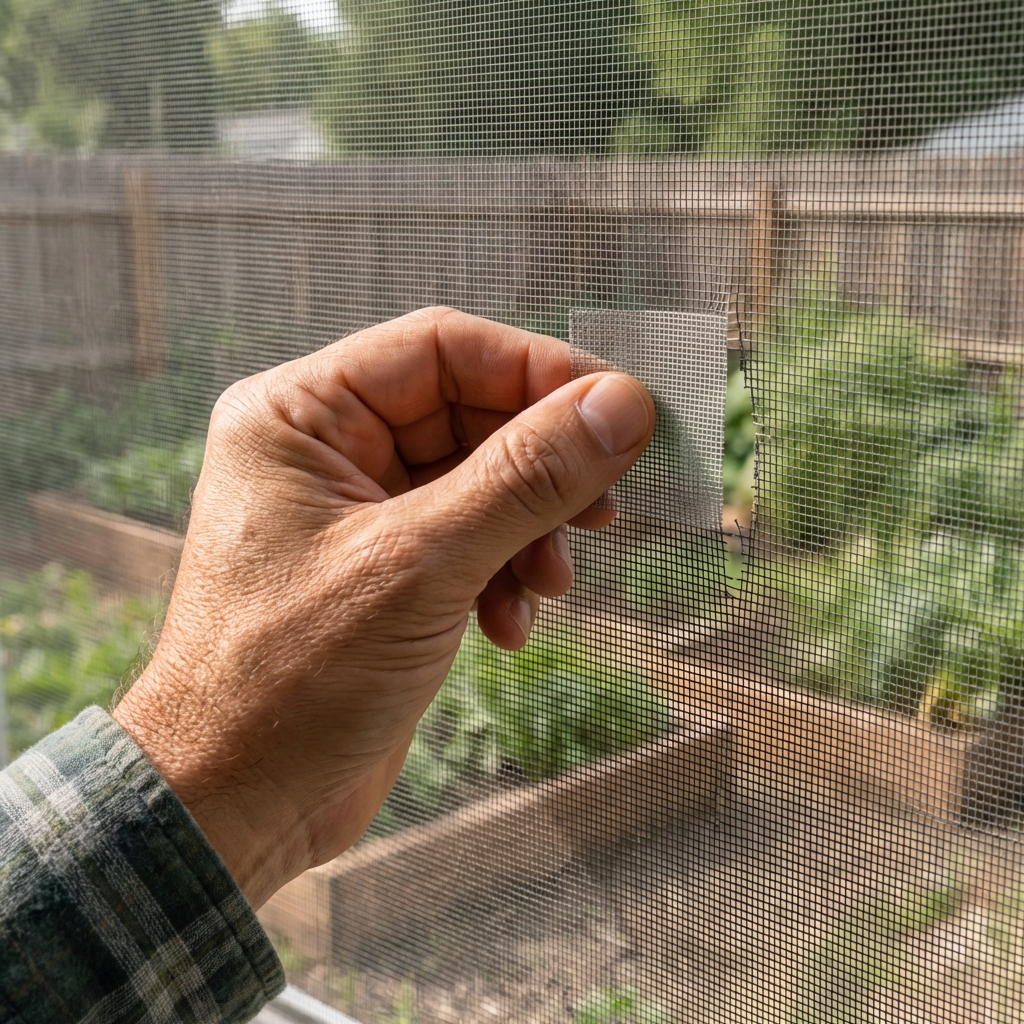 A close-up real photo of a hand pressing a screen patch onto a small tear in a window screen