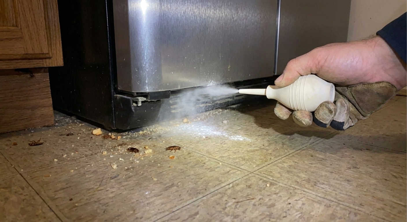 A close-up real photo of a hand using a small bulb duster to apply a light dusting under a refrigerator edge